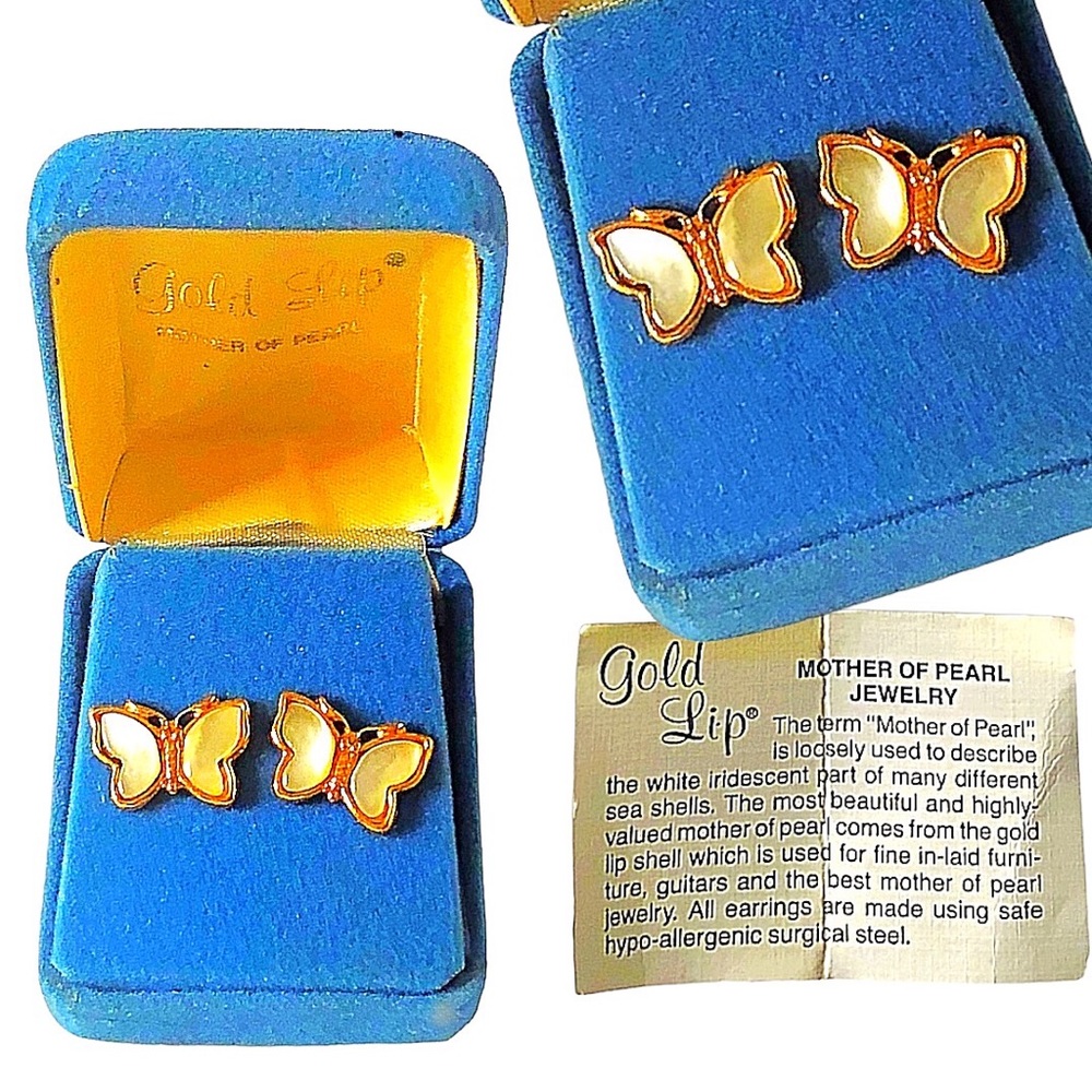Gold Lip, (1990s) Mother Of Pearl, Butterfly, Earrings, Warranty Included  “New”